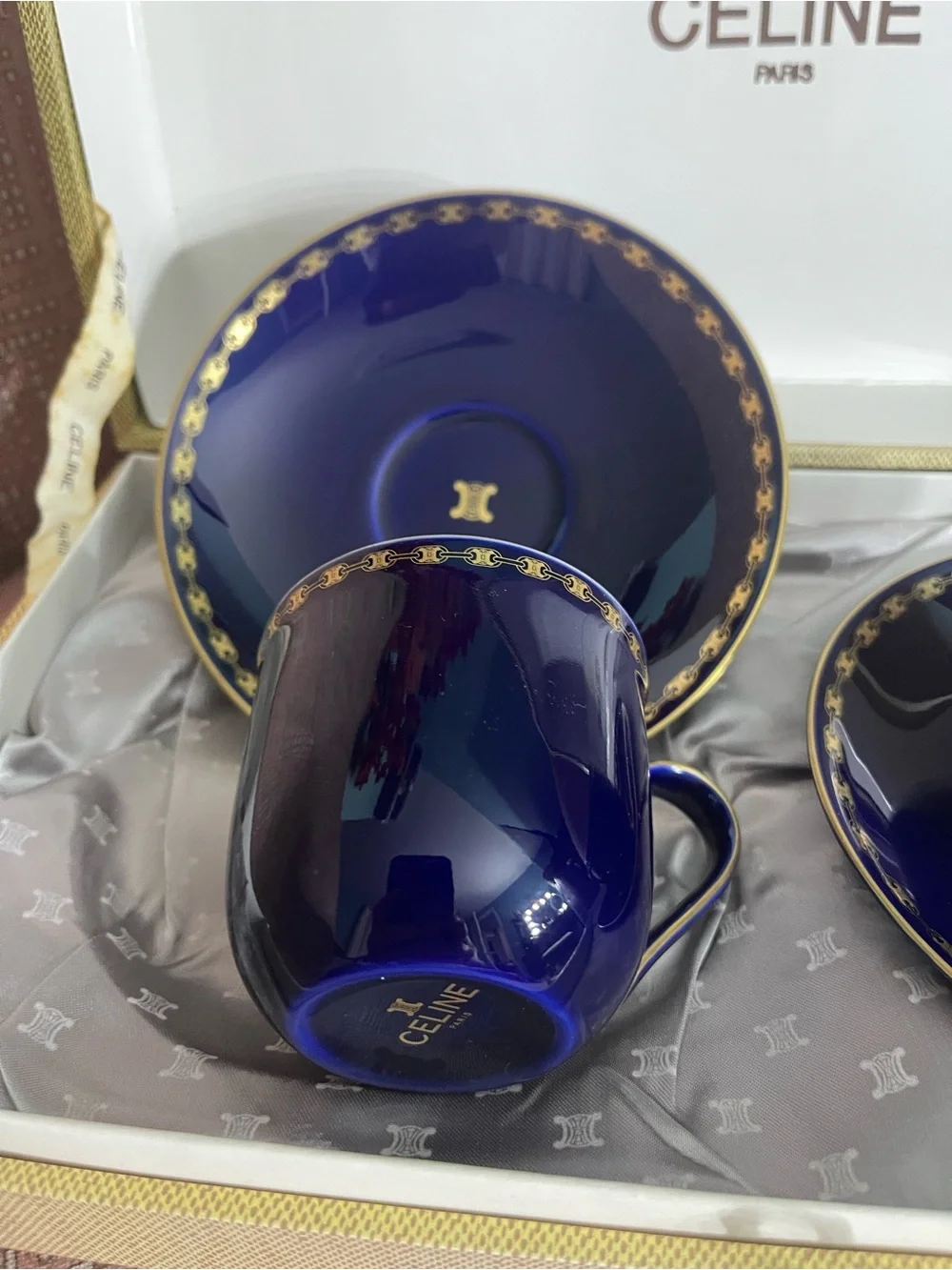 CELINE Paris Cobalt Blue Porcelain Espresso Cup & Saucer Set w/Box Gold Trim